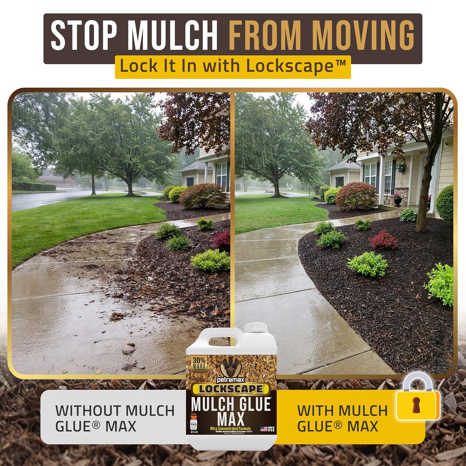 Mulch Glue Max 32 oz locking mulch in a landscape bed