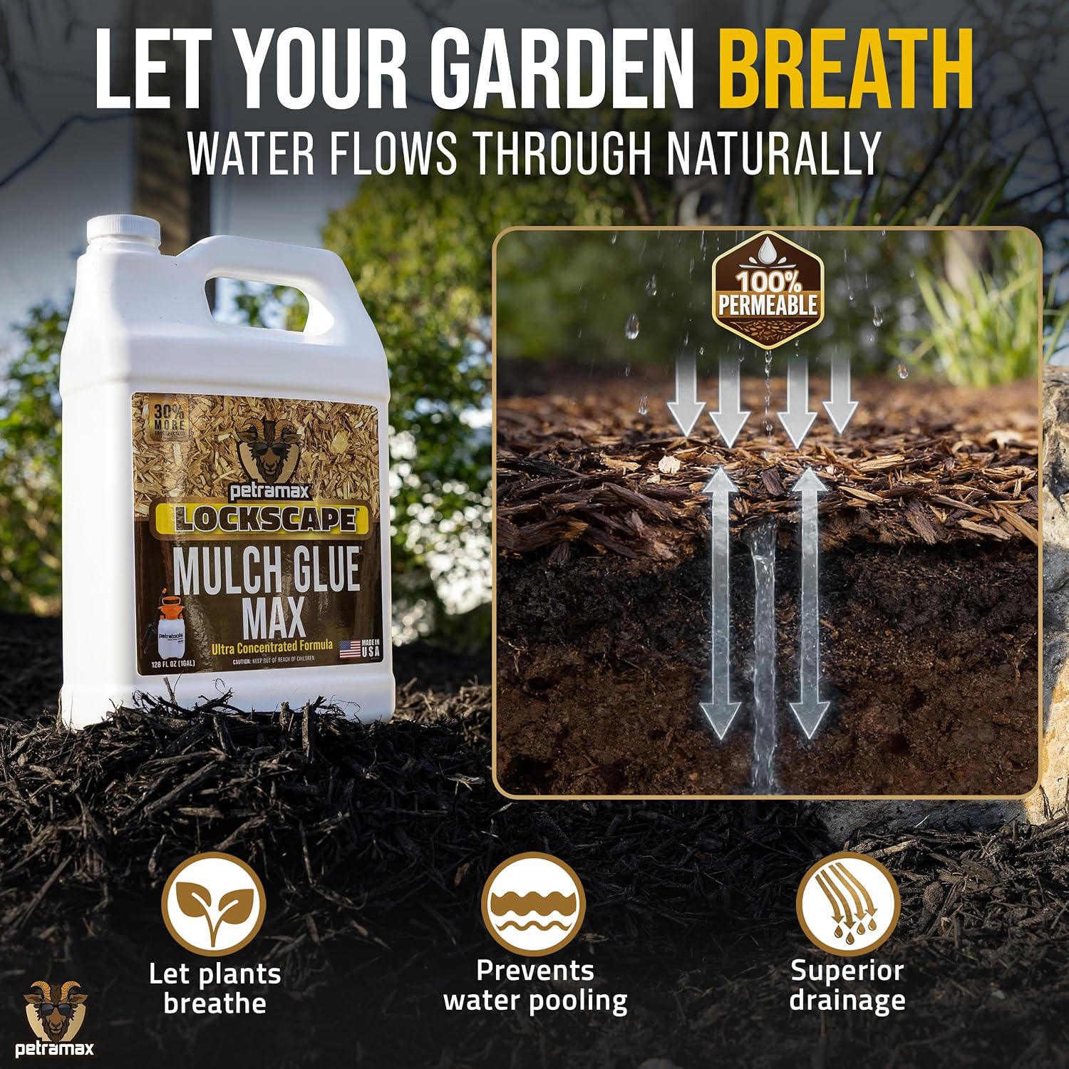 Landscape bed edge held in place after applying Mulch Glue Max
