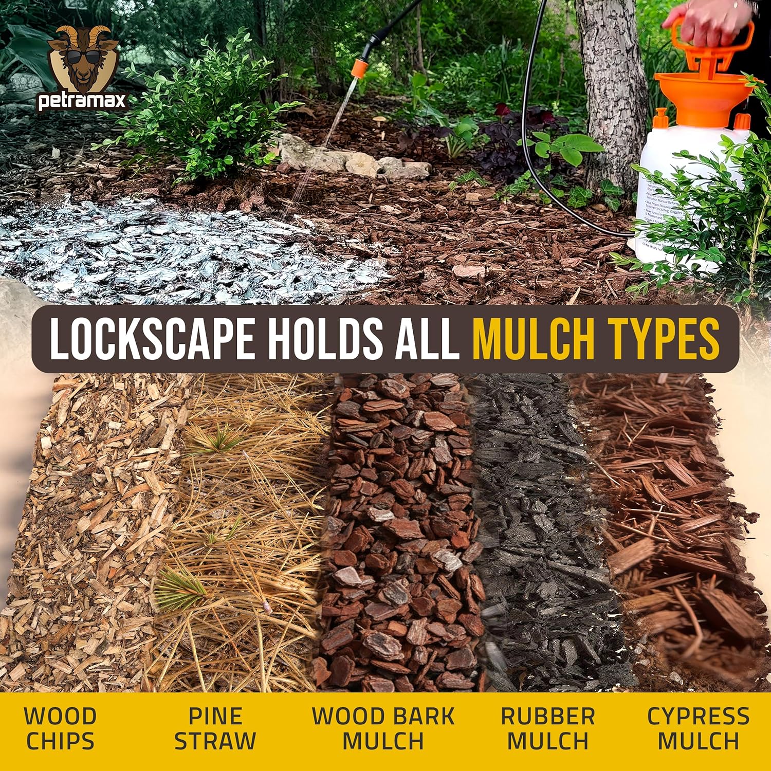 Mulch Glue Max holding pine straw and small pebbles in place